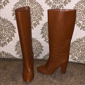 Chestnut brown heeled knee high boots